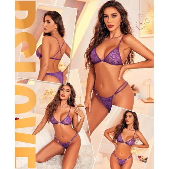 Women's Purple 2 Piece Bra And Panty Set Heart Ring Lingerie Bralettes Underwear - Picture 4 of 5